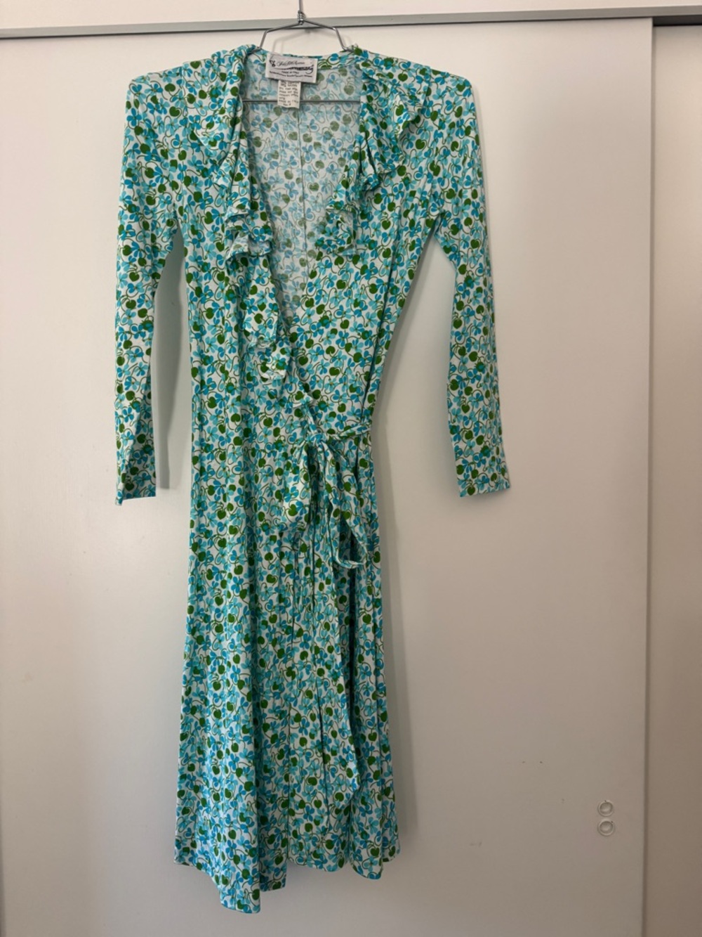 Vintage 70s Diane Von Furstenberg DVF Saks Blue Green Floral Ruffle Wrap Dress 4